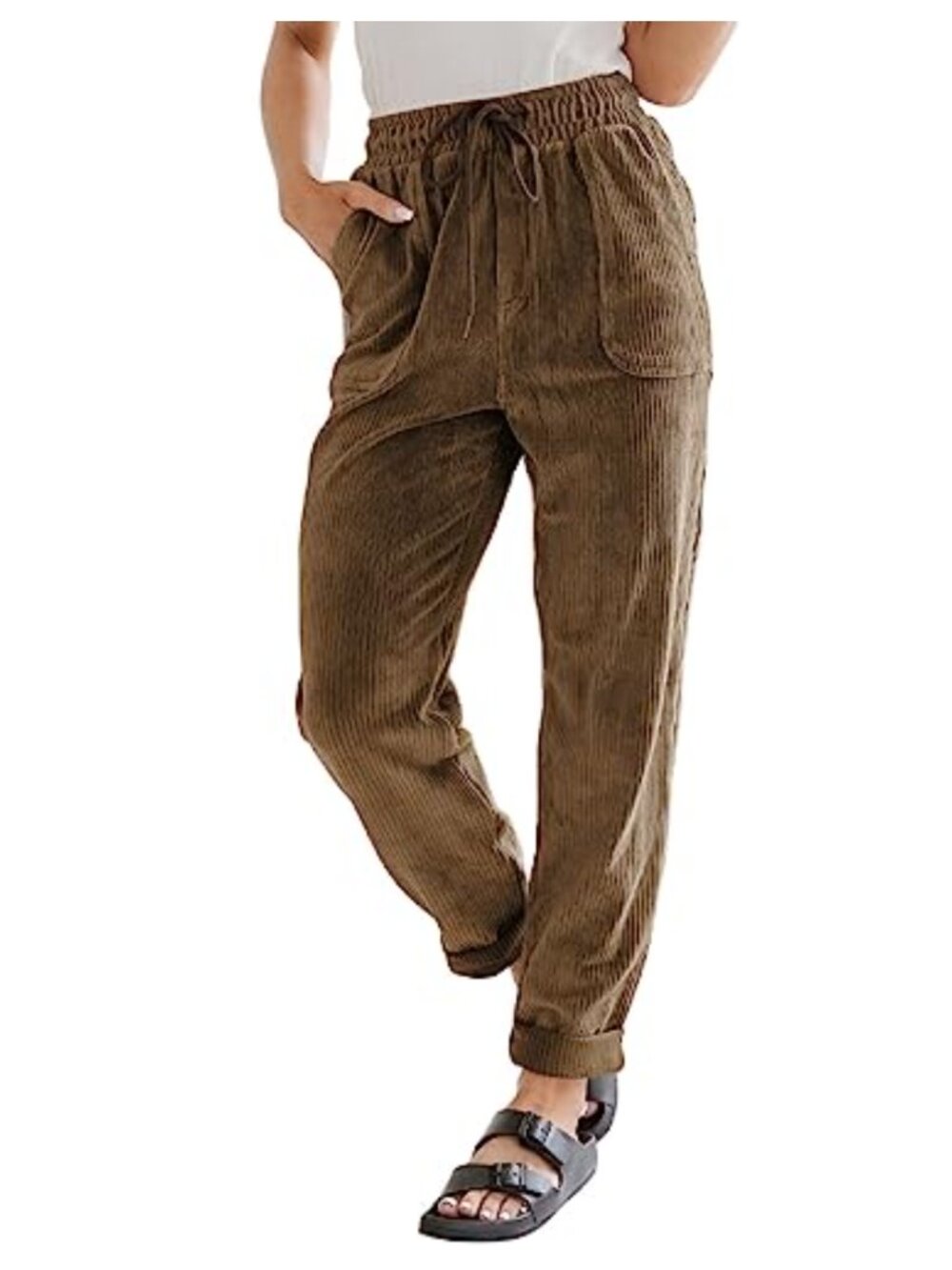 Corduroy Pants Drawstring Elastic High Waist Straight Leg Loose Comfy Trousers